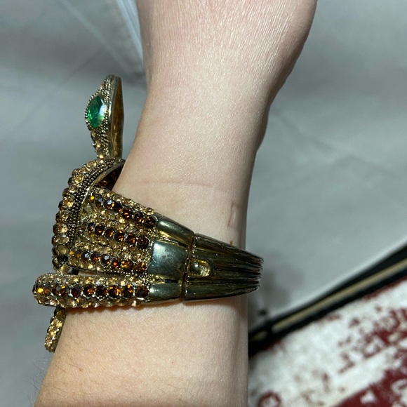 Vintage Rhinestone Coiled Snake With Green Eyes and Hanged Bangle - Picture 3 of 7